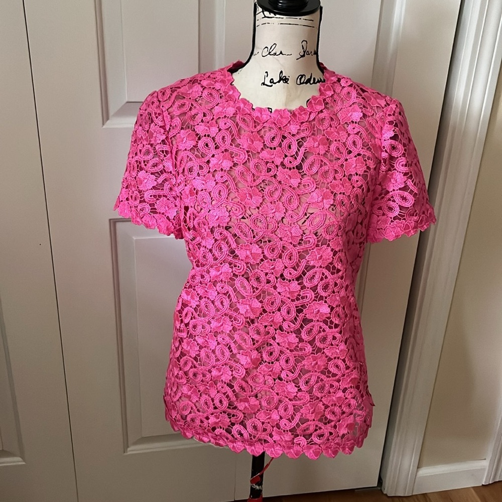 Kate spade fuchsia pink crochet lace short sleeve top sz 6 - Picture 4 of 10